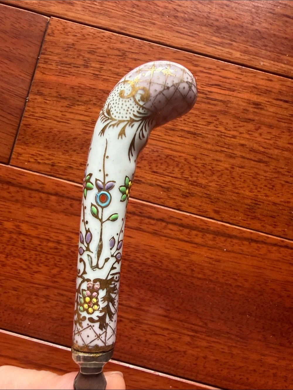 Sheffield England Embossed Berry Serving Spoon Hand Painted Porcelain Handle